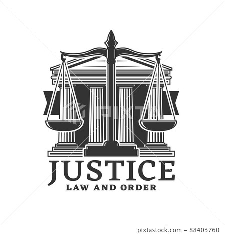 Justice icon with scales and court building columns. Advocacy company or lawyer service monochrome vector emblem or symbol, advocacy office vintage icon, justice, law and order symbol Justice icon with scales and court building columns. Advocacy company or lawyer service monochrome vector emblem or symbol, advocacy office vintage icon, justice, law and order symbol 88403760