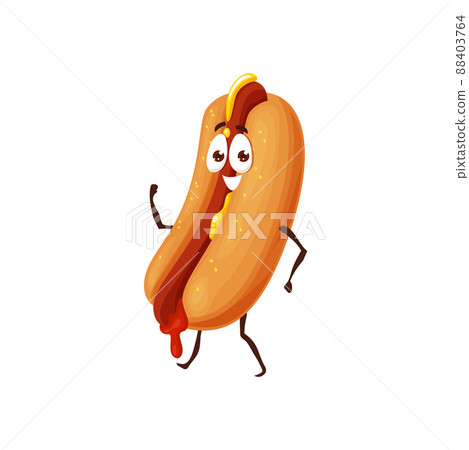 Cartoon fast food hotdog character, vector sausage happy in bun. Cute funny hot dog fastfood with mustard and ketchup, bbq restaurant or kids menu yummy smiling sandwich Cartoon fast food hotdog character, vector sausage happy in bun. Cute funny hot dog fastfood with mustard and ketchup, bbq restaurant or kids menu yummy smiling sandwich 88403764