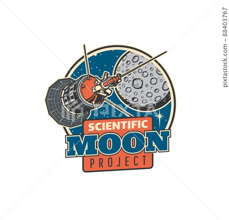 Moon exploration and space discovery project, vector emblem of orbital station. Spaceflight to moon and galaxy planets exploration with satellite or rocket shuttle and scientific spacecraft orbiter Moon exploration and space discovery project, vector emblem of orbital station. Spaceflight to moon and galaxy planets exploration with satellite or rocket shuttle and scientific spacecraft orbiter 88403767