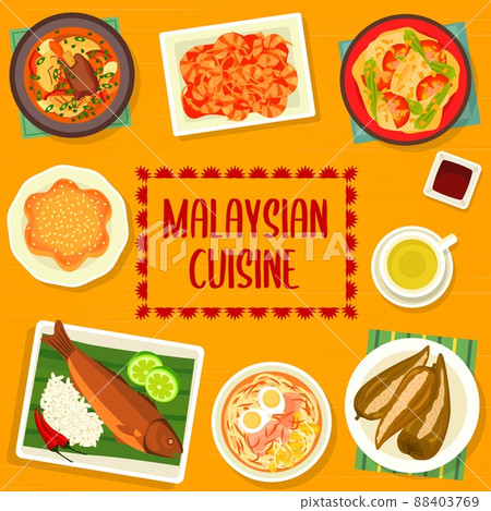 Malaysian cuisine menu cover page design. Fish curry, chilli shrimps and noodle soup Soto Ayam, Bak Kut Teh, pie Kuih Bakar Pandan and chilli peppers stuffed with fish, grilled fish with coconut crust 88403769