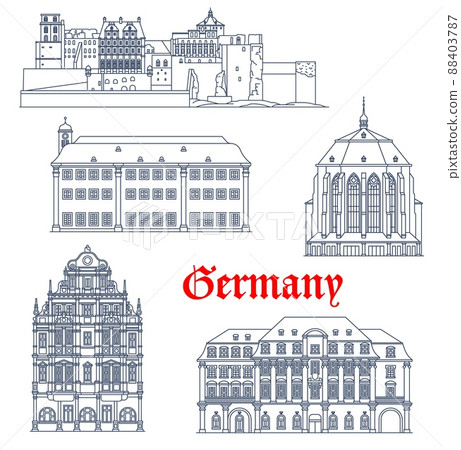 Germany Heidelberg architecture vector buildings and castles, travel landmarks. Heiliggeistkirche Church of Holy Spirit, Heidelberg Schlossberg castle, Ruprecht Karl University and Rathaus in Germany Germany Heidelberg architecture vector buildings and castles, travel landmarks. Heiliggeistkirche Church of Holy Spirit, Heidelberg Schlossberg castle, Ruprecht Karl University and Rathaus in Germany 88403787