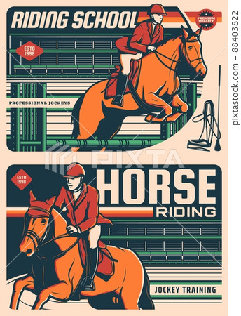 Horse riding, jockey polo school and equine sport training vector retro vintage poster. Horse racing or equestrian rides on hippodrome, jockey polo club, horse races center and steeplechase tournament Horse riding, jockey polo school and equine sport training vector retro vintage poster. Horse racing or equestrian rides on hippodrome, jockey polo club, horse races center and steeplechase tournament 88403822