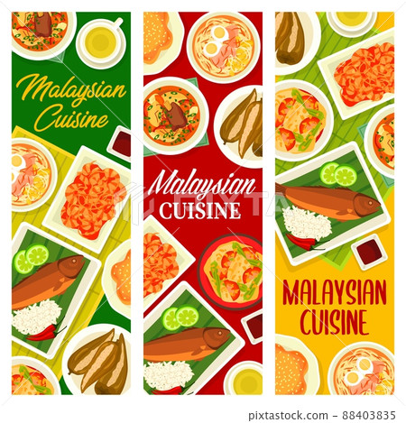 Malaysian cuisine meals and dishes banners. Bak Kut Teh and Soto Ayam soups, stuffed green chilli peppers, vanilla pie and fish curry with vegetables, chilli shrimps, grilled fish with coconut crust 88403835