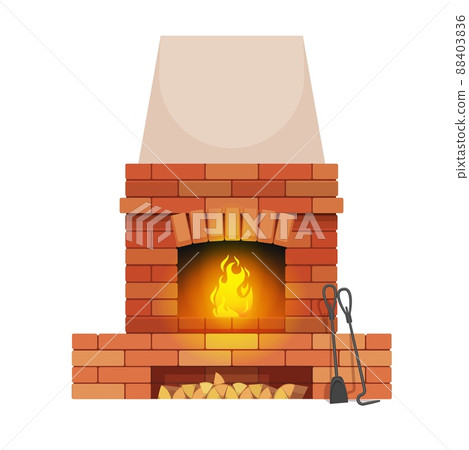 Brickstone fireplace with wood chunks and fire pit tools. Home classic fireplace, dwelling isolated vector open hearth, house heating equipment with flaming fire, poker stick and shovel 88403836