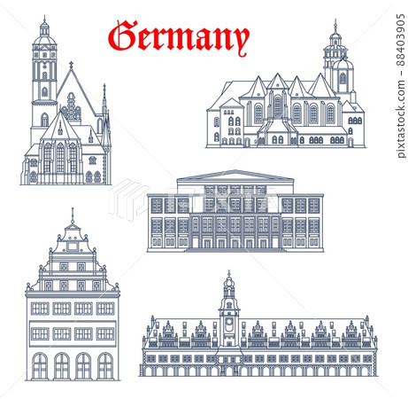 Germany, Leipzig architecture buildings and houses, vector travel landmarks. German Leipzig architecture of St Thomas Church or Thomaskirche, Saint Nicholas Nikolaikirche, Leipzig Opera and Alte Waage Germany, Leipzig architecture buildings and houses, vector travel landmarks. German Leipzig architecture of St Thomas Church or Thomaskirche, Saint Nicholas Nikolaikirche, Leipzig Opera and Alte Waage 88403905