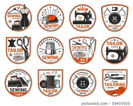 Tailoring and sewing industry icons, tailor shop or dressmaking atelier vector retro symbols. Dressmaker seamstress salon, handicraft tailoring workshop, clothes sewing studio icons Tailoring and sewing industry icons, tailor shop or dressmaking atelier vector retro symbols. Dressmaker seamstress salon, handicraft tailoring workshop, clothes sewing studio icons 88403920