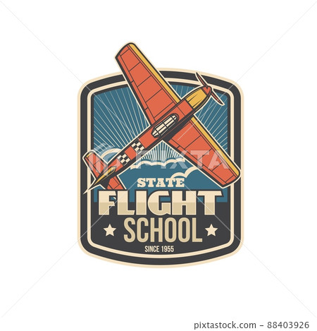 Flight school icon with airplane, pilots academy and aviation education vector badge. Aviator school and flights training center for civil aviation or avia instructor courses 88403926