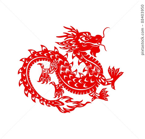 Chinese Lunar New Year festival dragon vector design. Dancing dragon of animal zodiac horoscope symbol, isolated red paper cut monster or oriental mythology with flower ornaments and fire flames 88403950