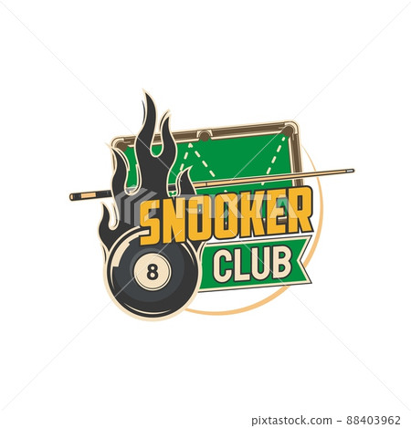 Snooker club icon. Pool billiard championship, snooker game club tournament vector emblem, sticker or retro icon with black eight ball in flames, cue stick and billiard table Snooker club icon. Pool billiard championship, snooker game club tournament vector emblem, sticker or retro icon with black eight ball in flames, cue stick and billiard table 88403962