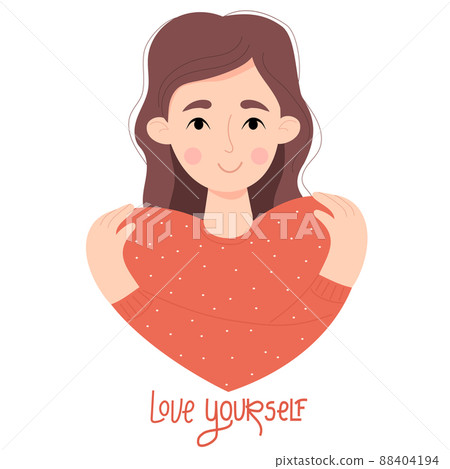 Cute girl in shape of heart. Self care, self love. Happy woman hugging her shoulders. Vector illustration. Cute female character for postcard, Valentine, International Womens Day Cute girl in shape of heart. Self care, self love. Happy woman hugging her shoulders. Vector illustration. Cute female character for postcard, Valentine, International Womens Day 88404194