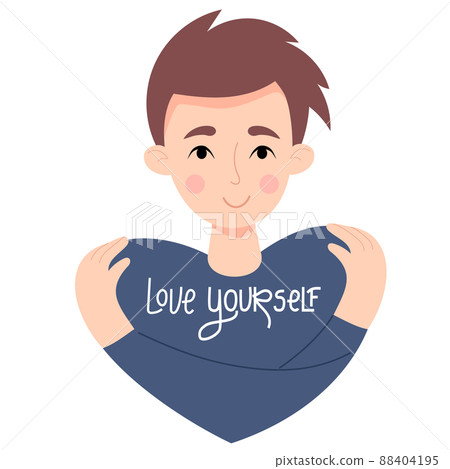 Love yourself. handsome young guy with haircut hugs himself. Concept Love yourself and find time for yourself and care. Vector illustration. Cute male character in flat style for decoration, design. Love yourself. handsome young guy with haircut hugs himself. Concept Love yourself and find time for yourself and care. Vector illustration. Cute male character in flat style for decoration, design. 88404195