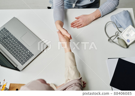 Above angle of handshake of Muslim female patient and young clinician 88406085