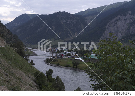 Davar valley with river and houses, Gurez, Kashmir, India 88406173
