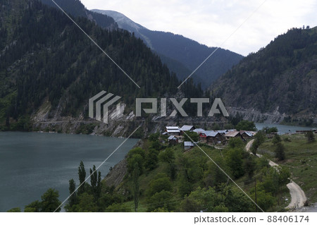 Davar valley with river and houses, Gurez, Kashmir, India 88406174