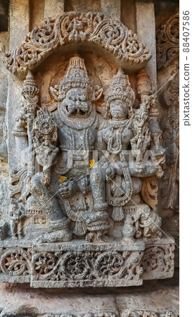 Sculpture of Lord Sri Lakshimi Narasimha Swamy on wall of Sri Lakshimi Narasimha Swamy Temple, Lakshminarsimha Temple, Javagal , Hassan, Karnataka, India 88407586
