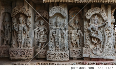 Sculpture of Lord Bramha, Vishnu and Krishna on wall of Sri Lakshimi Narasimha Swamy Temple, Javagal, Hassan, Karnataka, India Sculpture of Lord Bramha, Vishnu and Krishna on wall of Sri Lakshimi Narasimha Swamy Temple, Javagal, Hassan, Karnataka, India 88407587