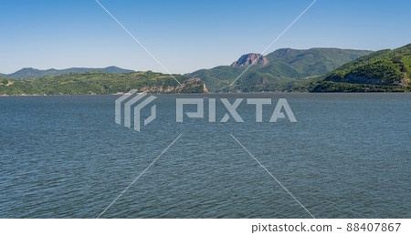 Danube river at the Iron gates gorge between Serbia and Romania 88407867