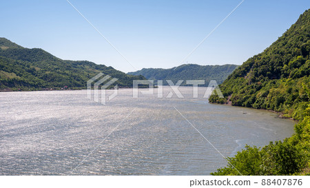 Danube river at the Iron gates gorge between Serbia and Romania 88407876