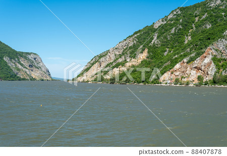 Danube river at the Iron gates gorge between Serbia and Romania Danube river at the Iron gates gorge between Serbia and Romania 88407878