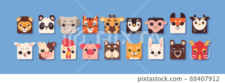 Flat cute square animal faces, avatars icon set for children 88407912