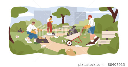 Flat volunteer clean up city park, collect garbage 88407913
