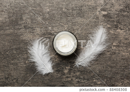 Spa cosmetic product, cream jar, branding mock up, top view with feathers background. Flat lay Spa cosmetic product, cream jar, branding mock up, top view with feathers background. Flat lay 88408308