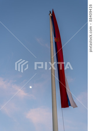 Huge flag of Serbia in front of the National Assembly of Serbia in Belgrade Huge flag of Serbia in front of the National Assembly of Serbia in Belgrade 88409416