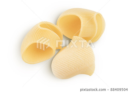 lumaconi pasta isolated on white background with clipping path and full depth of field. Top view. Flat lay 88409504