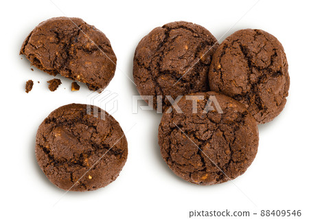 chocolate cookies broken isolated on white background with clipping path and full depth of field. Top view. Flat lay chocolate cookies broken isolated on white background with clipping path and full depth of field. Top view. Flat lay 88409546