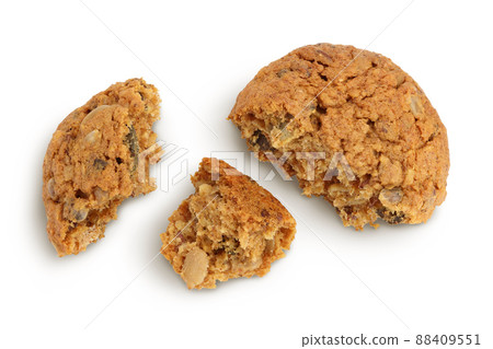 oatmeal cookies with flax, pumpkin and sunflower seeds isolated on white background with clipping path and full depth of field. Top view. Flat lay 88409551