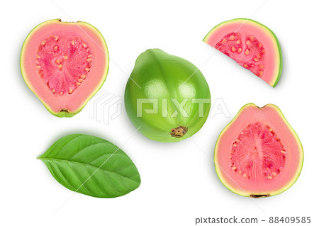 Guava fruit with slices isolated on white background with clipping path and full depth of field. Top view. Flat lay 88409585