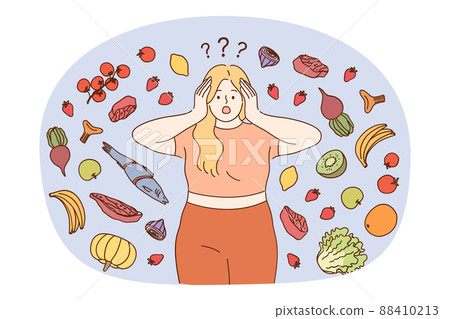 Fat woman shocked by healthy food and products  88410213