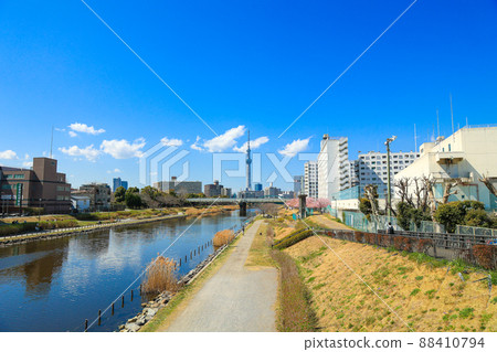 [Koto-ku, Tokyo] Tokyo Sky Tree and the blue sky of the riverbed 88410794