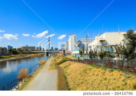 [東京都江東區] 東京晴空塔和河床的藍天 88410796