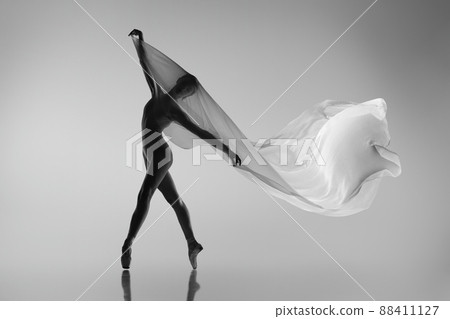 Black and white portrait of graceful ballerina dancing with fabric, cloth isolated on grey studio background. Grace, art, beauty concept. Weightless, flexible. 88411127
