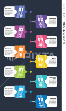 Infographic Alternative Energy template. Icons in different colors. Include Tidal Energy, Biomass Energy, Wind Energy, Geothermal Power and others. Infographic Alternative Energy template. Icons in different colors. Include Tidal Energy, Biomass Energy, Wind Energy, Geothermal Power and others. 88411665