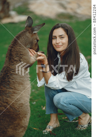 Woman at the reserve in Australia playing and feeding kangaroos Woman at the reserve in Australia playing and feeding kangaroos 88412284