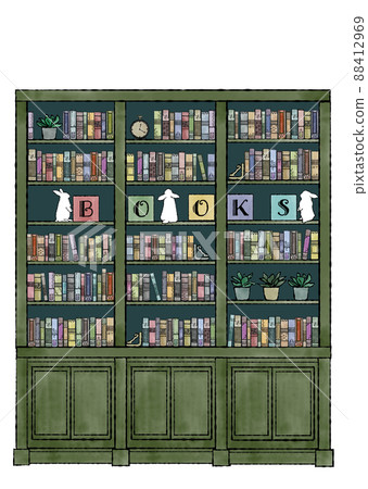 Hand-painted watercolor illustrations in classical colors on a large bookshelf lined with antique books, objects and foliage plants Hand-painted watercolor illustrations in classical colors on a large bookshelf lined with antique books, objects and foliage plants 88412969