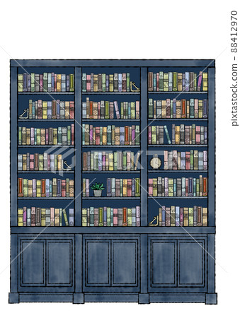 Hand-painted watercolor illustrations in classical shades on a large bookshelf lined with antique books and objects 88412970