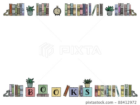 Hand-painted watercolor frame in classical colors with antique books, objects and foliage plants lined up 88412972