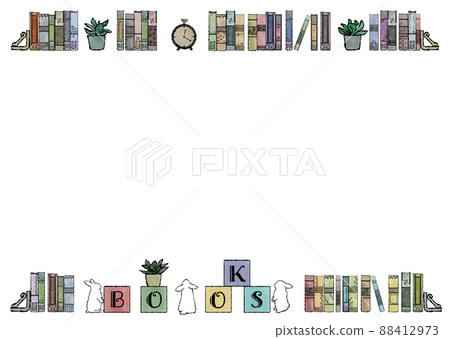 Hand-painted watercolor frame in classical colors with antique books, objects and foliage plants lined up 88412973