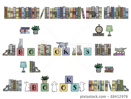 Hand-painted watercolor line set in classical colors with antique books, objects and foliage plants lined up Hand-painted watercolor line set in classical colors with antique books, objects and foliage plants lined up 88412976