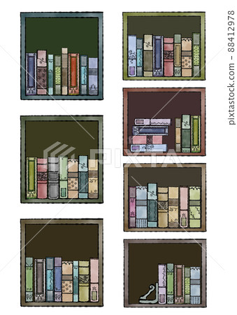 Hand-painted watercolor illustration set in classical shades of antique books lined up in a wooden box Hand-painted watercolor illustration set in classical shades of antique books lined up in a wooden box 88412978
