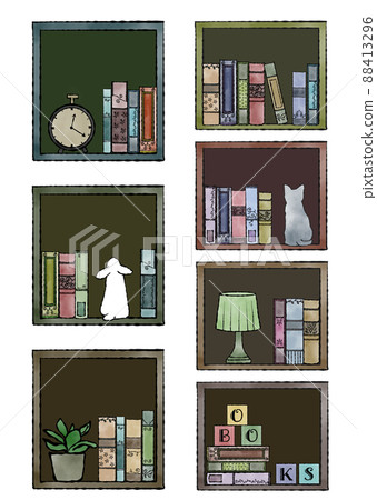 Hand-painted watercolor illustration set of classical colors of antique books, objects and foliage plants lined up in a wooden box 88413296