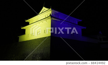 Sunpu Castle Park Tatsumi Tower illuminated in the color of the Ukrainian flag to protest Russia's invasion of Ukraine Sunpu Castle Park Tatsumi Tower illuminated in the color of the Ukrainian flag to protest Russia's invasion of Ukraine 88414492