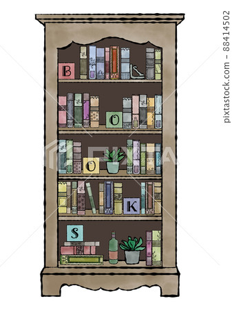 Hand-painted watercolor illustrations in classical colors on a bookshelf lined with antique books, objects and foliage plants 88414502