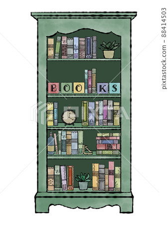 Hand-painted watercolor illustrations in classical colors on a bookshelf lined with antique books, objects and foliage plants 88414503