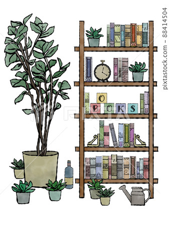 Hand-painted watercolor illustrations in classical shades of racks lined with antique books, objects and foliage plants Hand-painted watercolor illustrations in classical shades of racks lined with antique books, objects and foliage plants 88414504