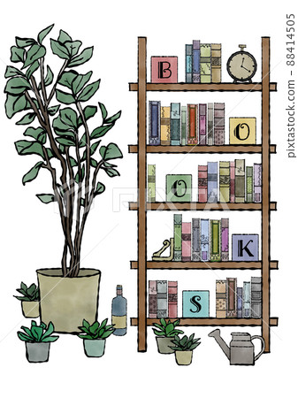 Hand-painted watercolor illustrations in classical shades of racks lined with antique books, objects and foliage plants 88414505
