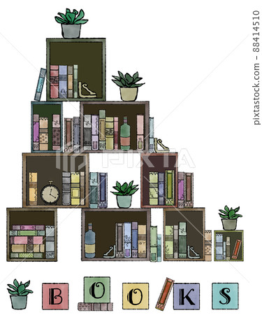 Hand-painted watercolor illustrations in classical colors of wooden boxes containing antique books, objects and foliage plants 88414510